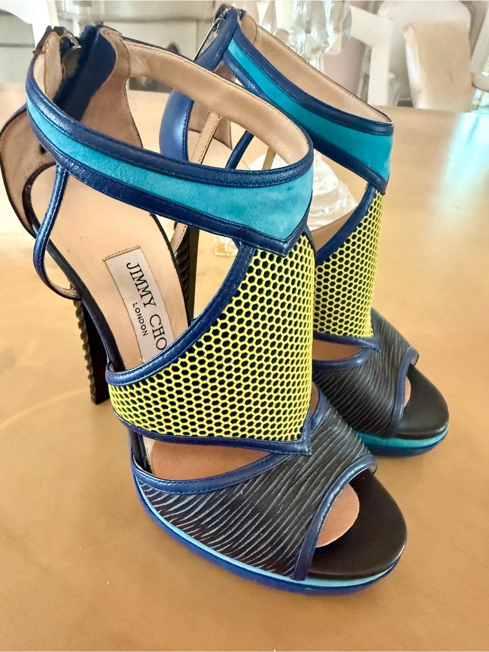 Jimmy Choo Blue, Teal & Yellow Mesh High Heel Sandals